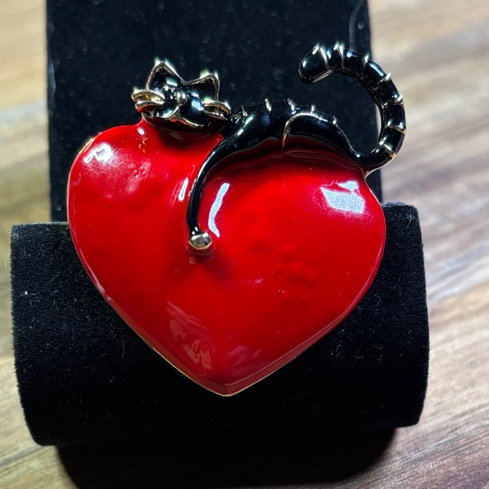Red Heart and Black Cat Brooch